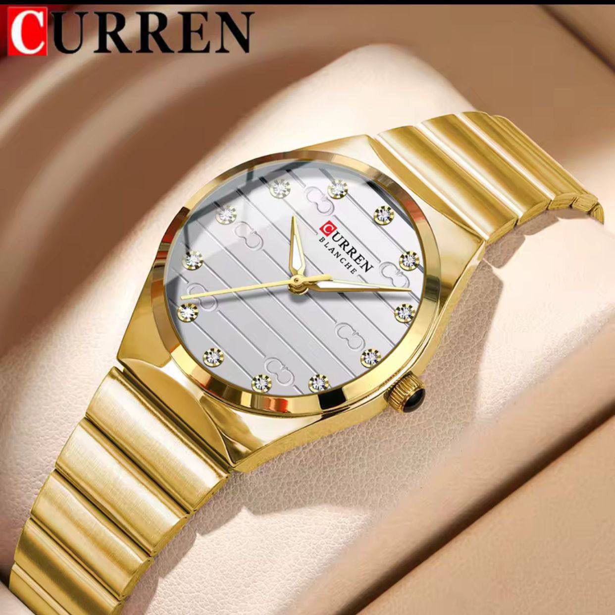 Curren Blanche Luxury Women's Watch - Stainless Steel Quartz Wristwatch with Diamond Dial (Gold, Silver & Green)