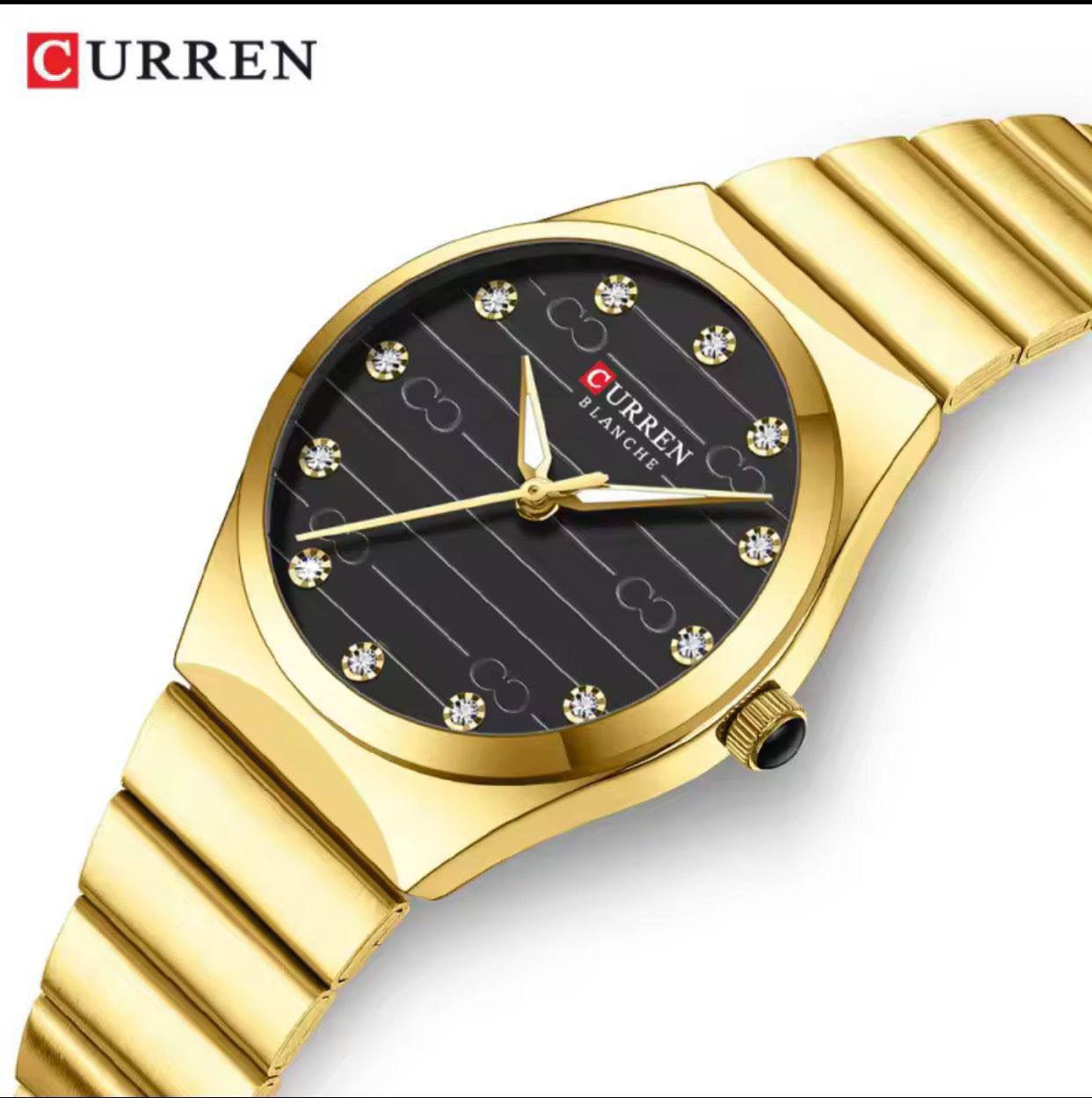 Curren Blanche Luxury Women's Watch - Stainless Steel Quartz Wristwatch with Diamond Dial (Gold, Silver & Green)