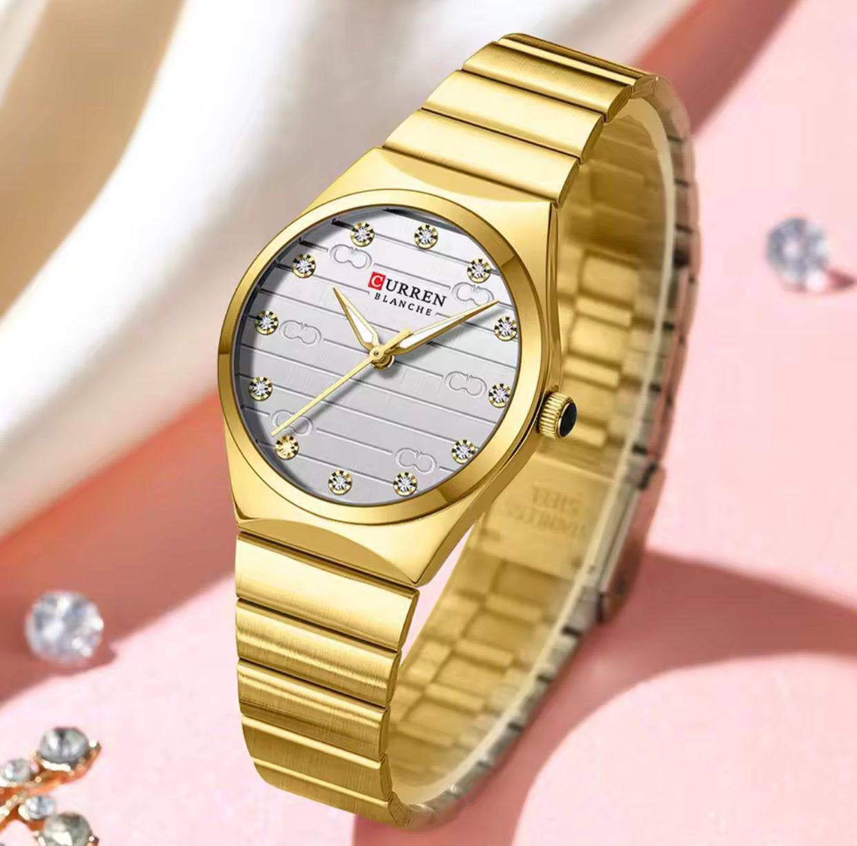 Curren Blanche Luxury Women's Watch - Stainless Steel Quartz Wristwatch with Diamond Dial (Gold, Silver & Green)