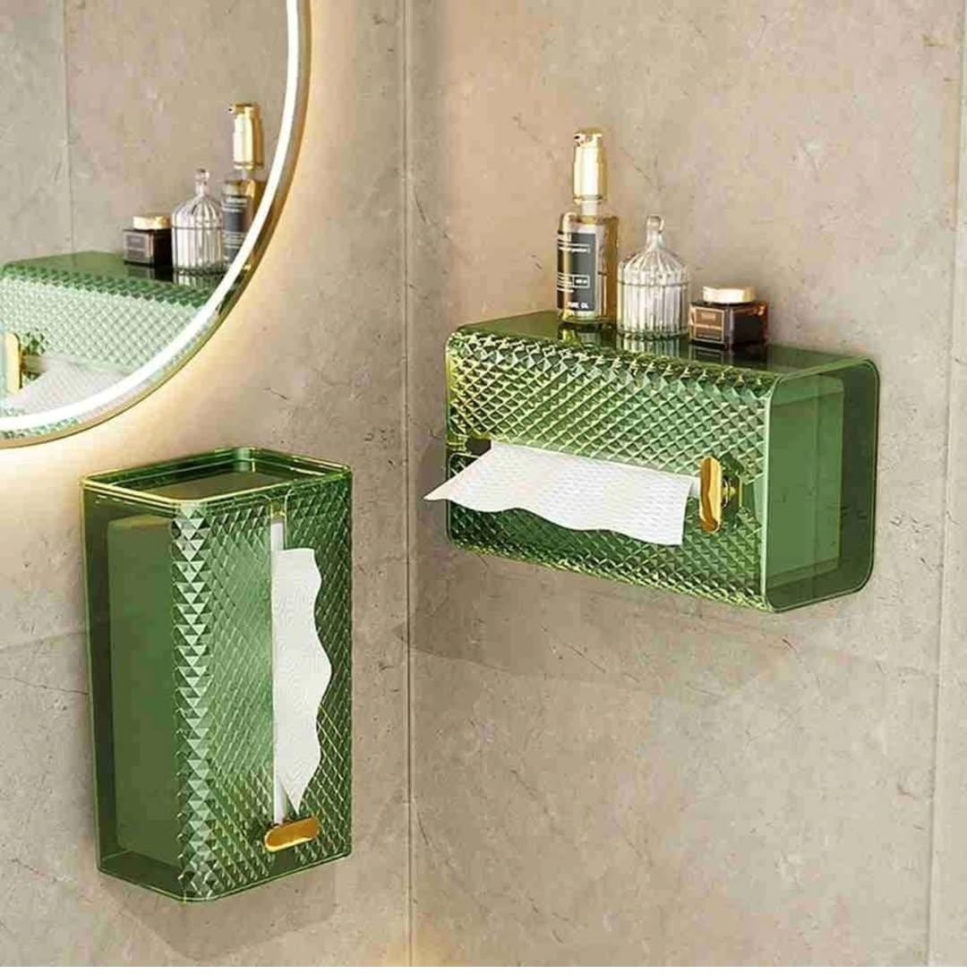 Luxury Diamond Texture Wall-Mounted Tissue Box Holder - Punch-Free Bathroom & Kitchen Napkin Dispenser - Waterproof Storage Box (Green/Black/Amber)