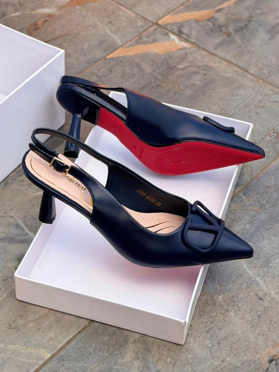 Women's Elegant Pointed Toe Slingback Kitten Heels with V-Buckle Detail and Red Sole