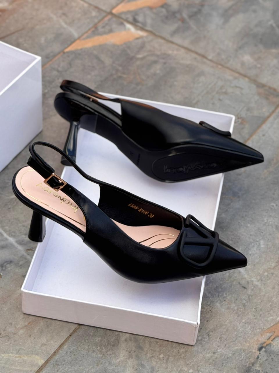 Women's Elegant Pointed Toe Slingback Kitten Heels with V-Buckle Detail and Red Sole