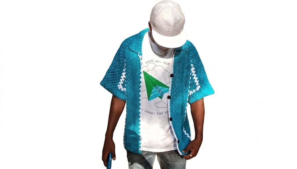 Men's Handmade Crochet Short Sleeve Button-Down Shirt - Turquoise Boho Summer Beach Top