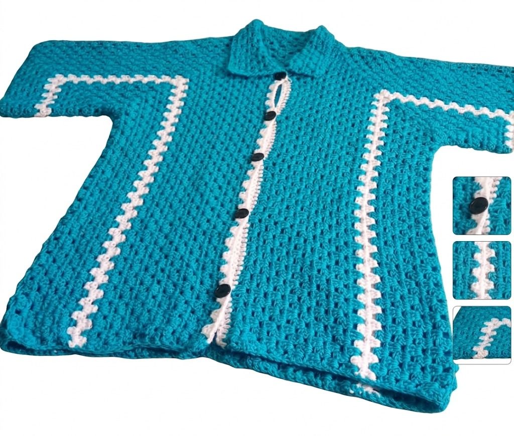 Men's Handmade Crochet Short Sleeve Button-Down Shirt - Turquoise Boho Summer Beach Top