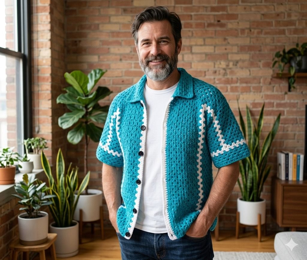 Men's Handmade Crochet Short Sleeve Button-Down Shirt - Turquoise Boho Summer Beach Top