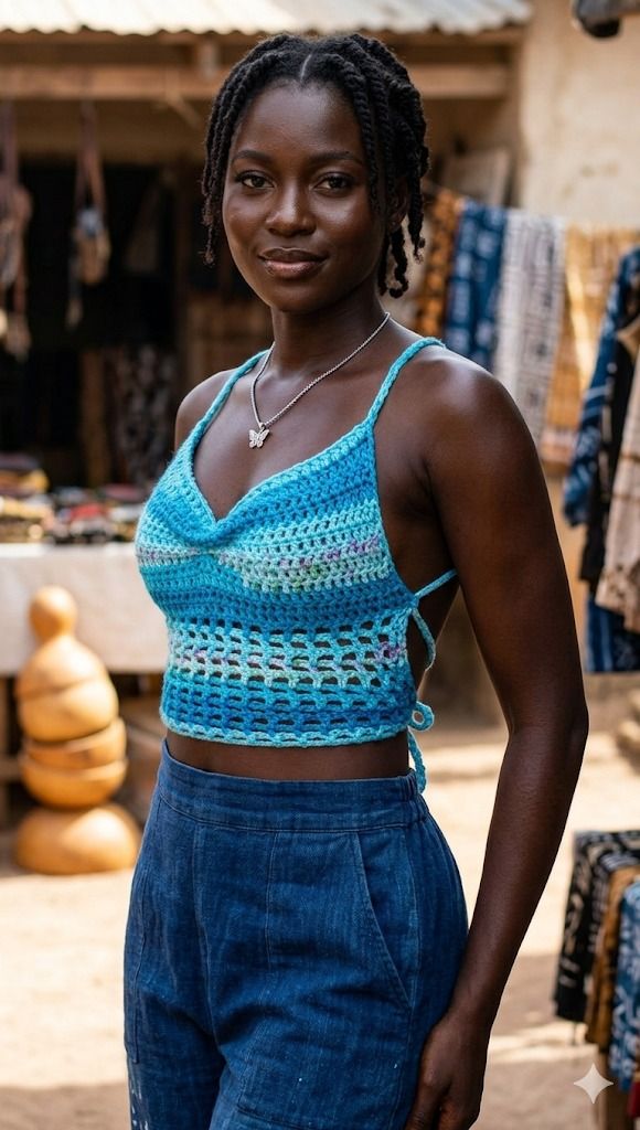 Women’s Handmade Crochet Crop Top - Boho Blue Ombre Halter Top - Sexy Backless Beach Camisole