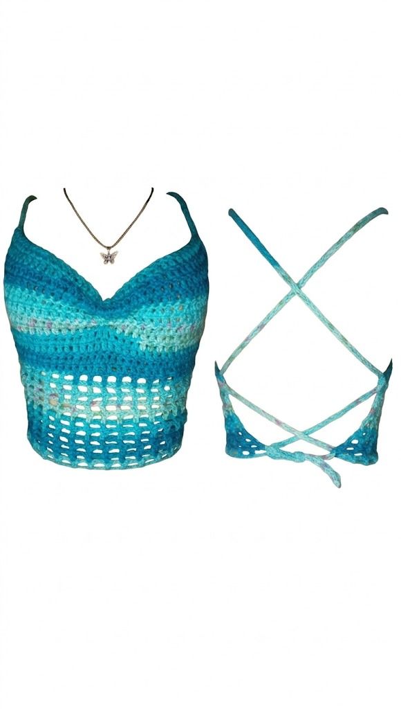 Women’s Handmade Crochet Crop Top - Boho Blue Ombre Halter Top - Sexy Backless Beach Camisole
