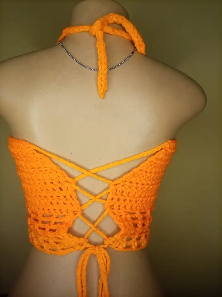 Handmade Crochet Halter Crop Top - Orange Boho Backless Lace-Up Summer Top - Sexy Festival Beachwear