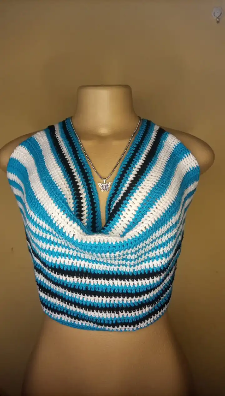 Handmade Striped Crochet Halter Crop Top - Blue, White & Black Backless Cowl Neck Boho Top