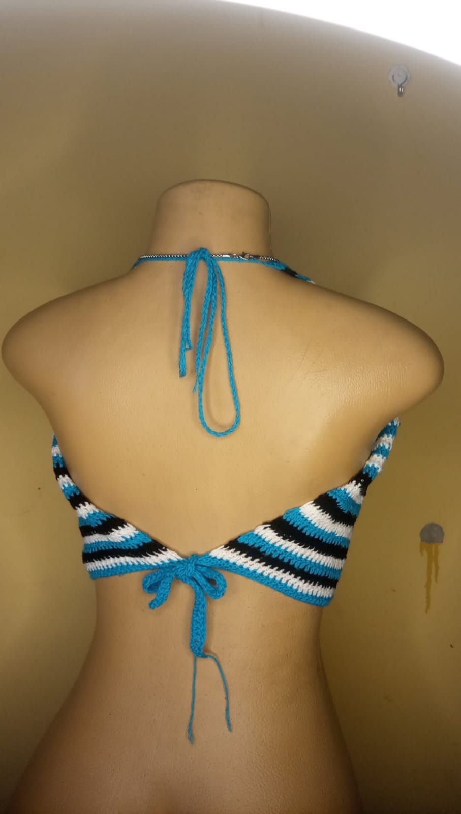 Handmade Striped Crochet Halter Crop Top - Blue, White & Black Backless Cowl Neck Boho Top