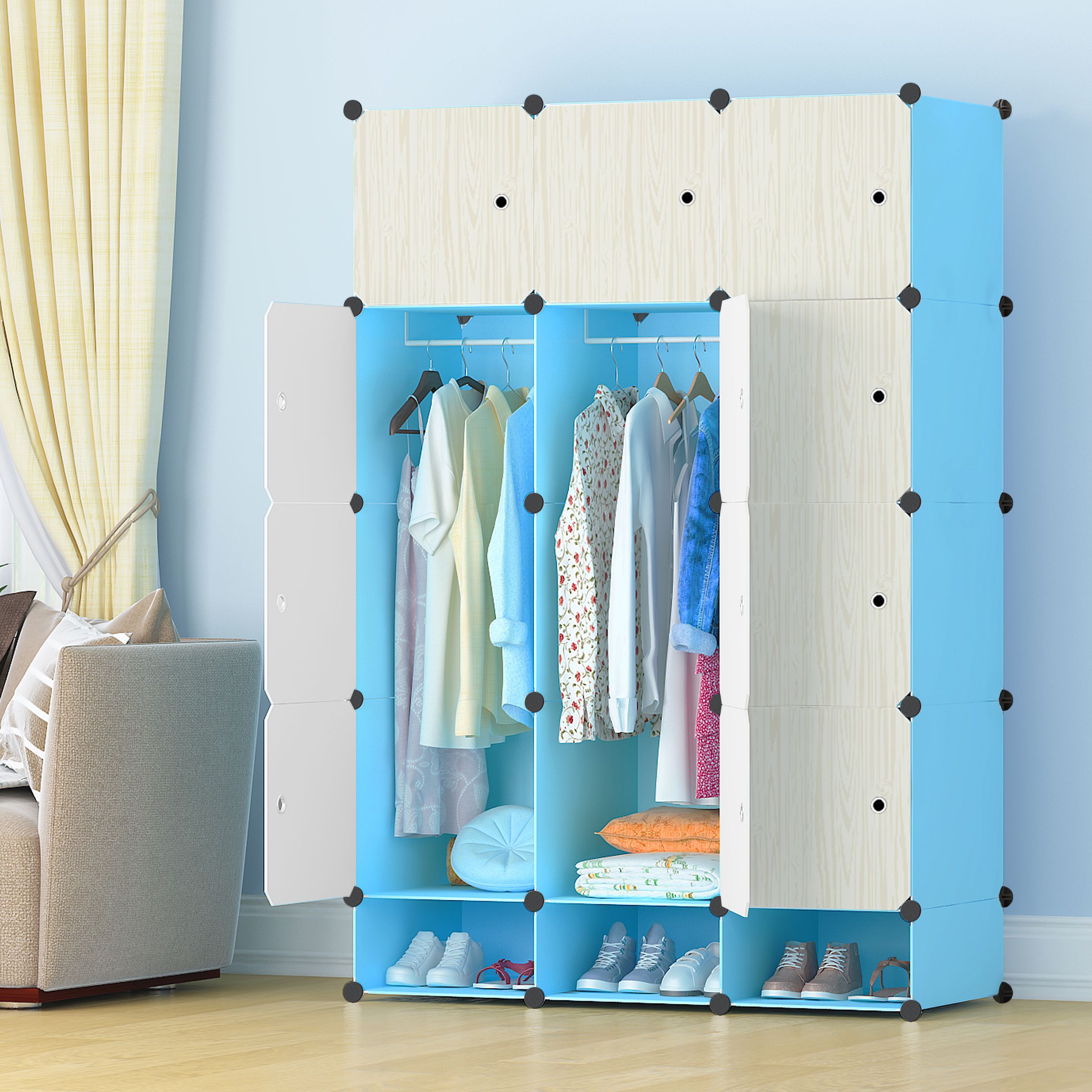 HomeMate 12 Grids 3 Columns Plastic Clothes Portable Wardrobe Closet Storage Shelf With Shoes Storage Box for Books Clothes Toys Sundries Space Saving Household Organizer