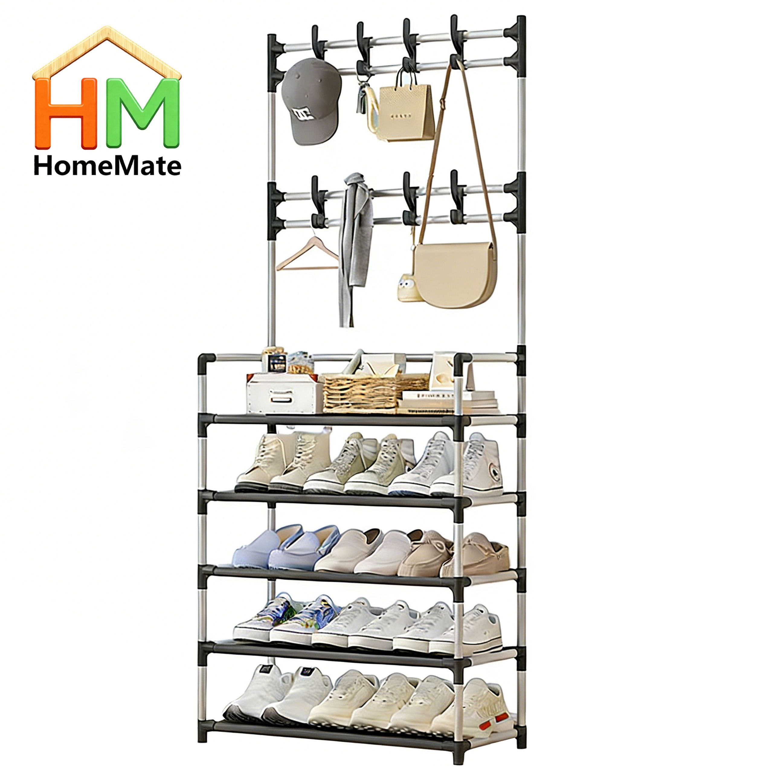 HomeMate 60cm/23.62in Extra Wide 5 Layer Simple Assemble Shoe Rack Floor Coat Hat Rack Shoe Integrated Household Storage Bedroom Living Room Bathroom Hangers