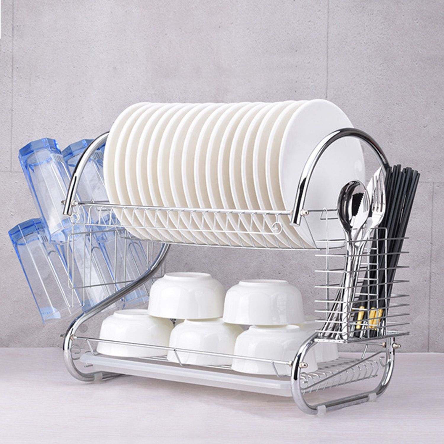 HomeMate  20 Inch 2 Layers Kitchen Storage Shelf Plastic Drain Dish Rack Kitchen Organizer for More Space Saving Kitchen Counter