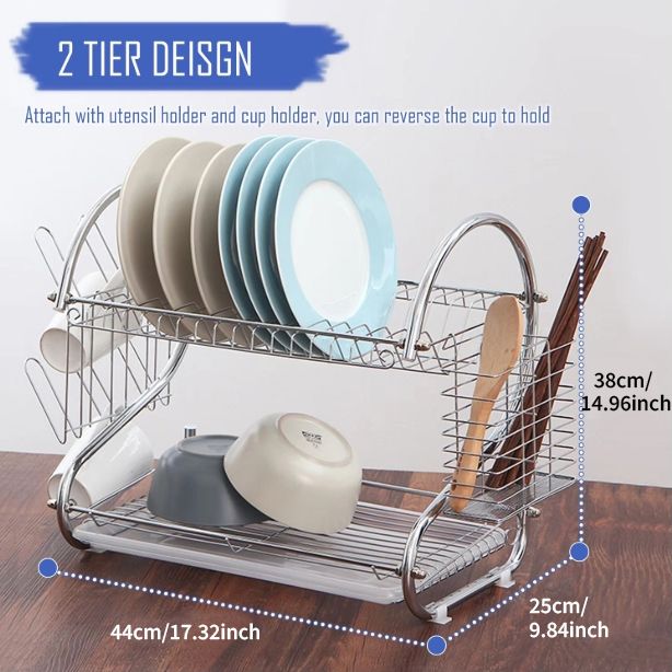 HomeMate  20 Inch 2 Layers Kitchen Storage Shelf Plastic Drain Dish Rack Kitchen Organizer for More Space Saving Kitchen Counter