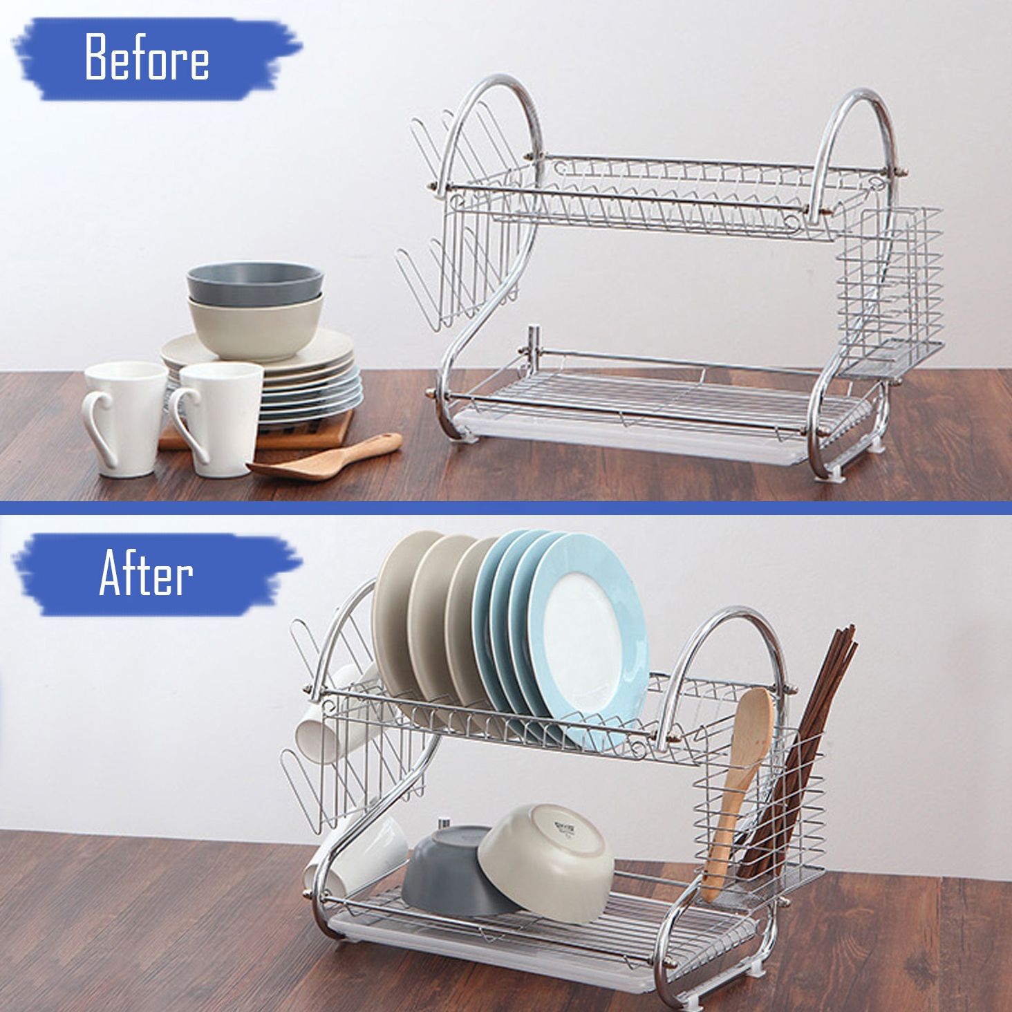HomeMate  20 Inch 2 Layers Kitchen Storage Shelf Plastic Drain Dish Rack Kitchen Organizer for More Space Saving Kitchen Counter