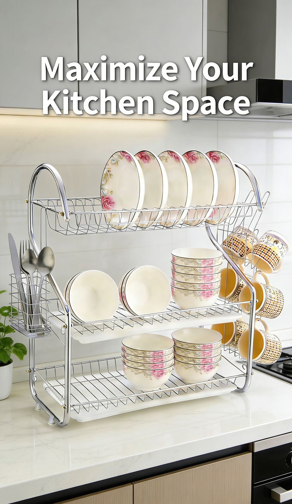 HomeMate  20 Inch 3 - Layer  Kitchen Storage Shelf Plastic Drain Dish Rack Kitchen Organizer for More Space Saving Kitchen Counter