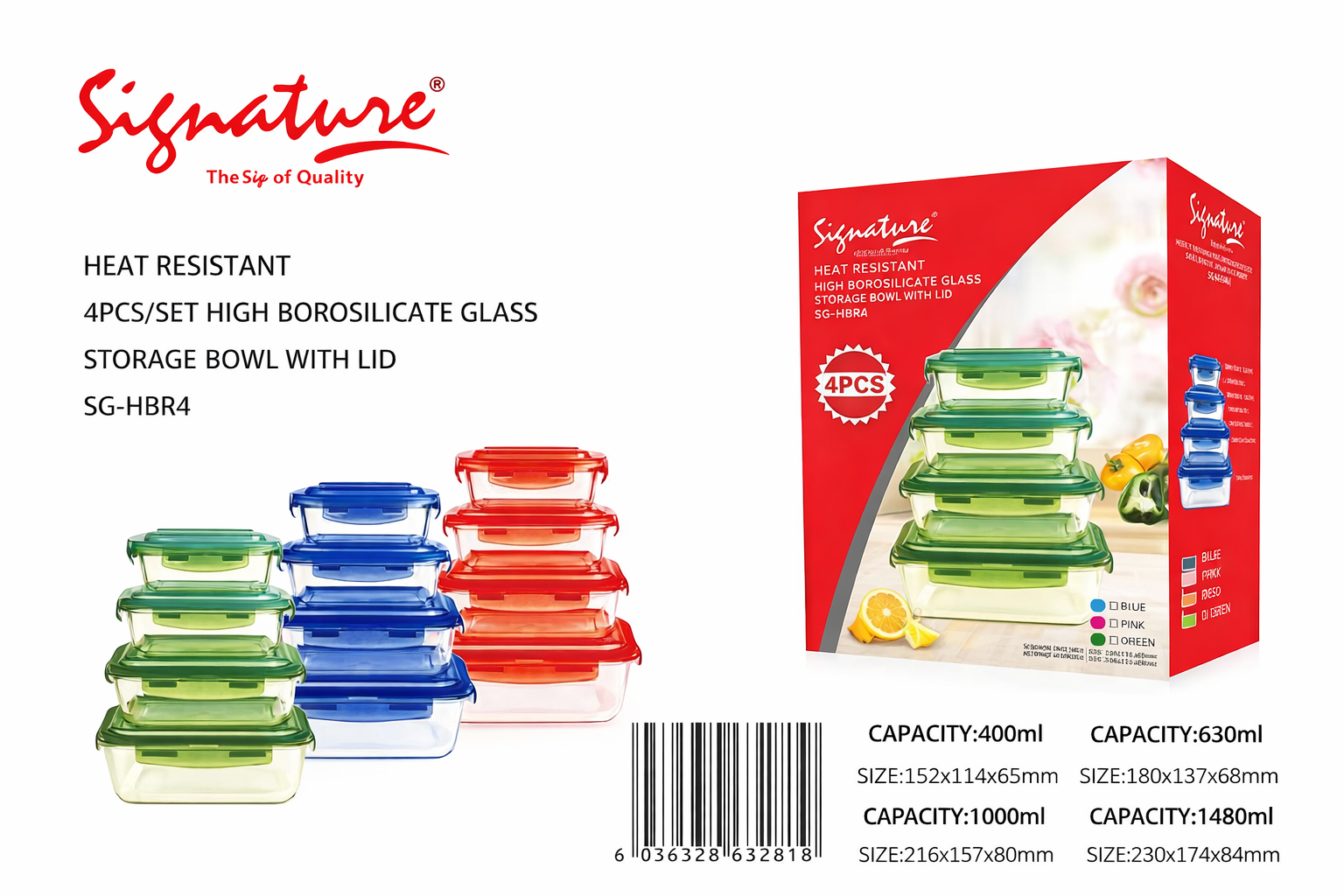 Signature Premium 4-Piece Borosilicate Glass Food Storage Set with Airtight Lids – Heat Resistant & Space-Saving.