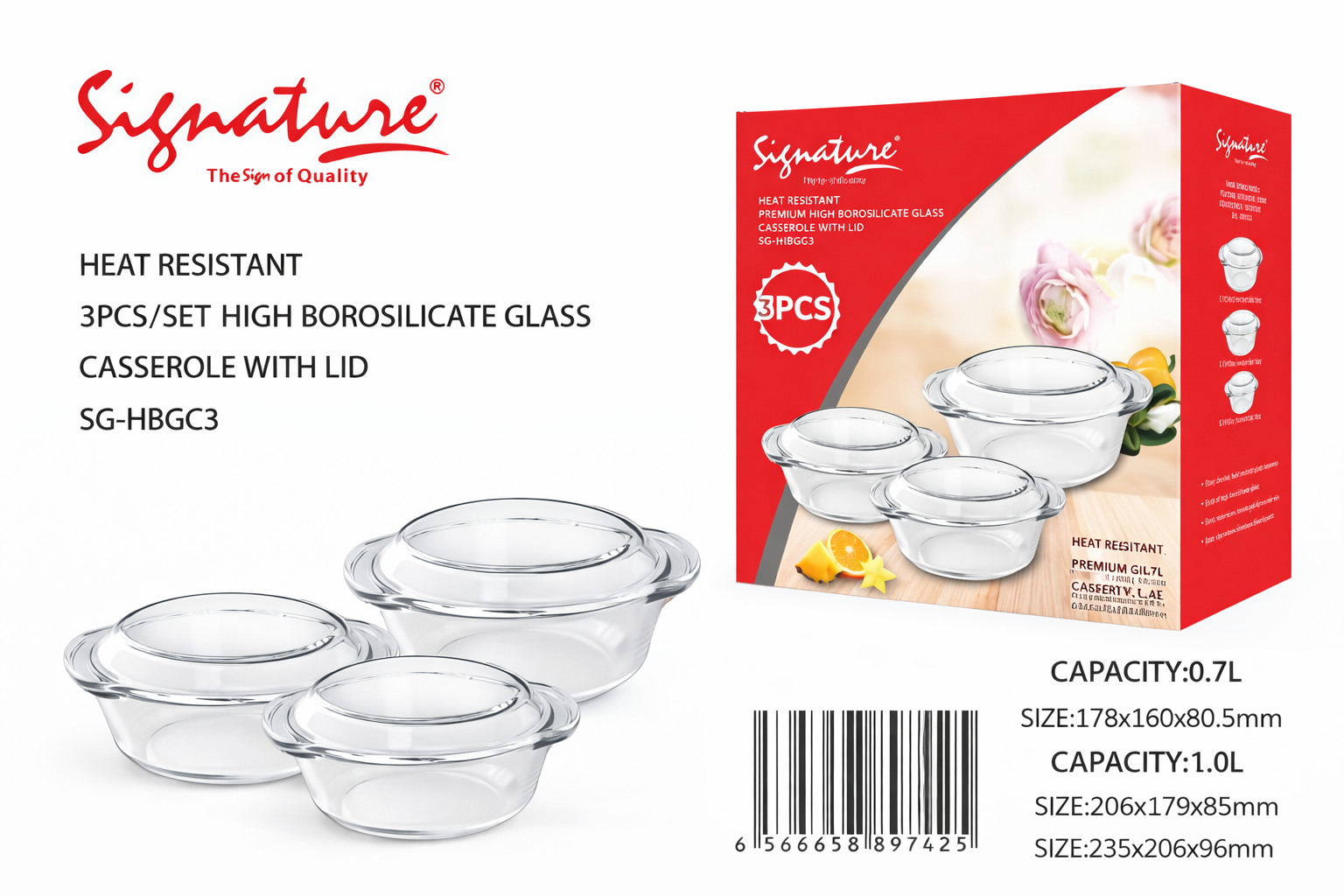 Signature Premium 3-Piece Borosilicate Glass Casserole Set with Lids – Heat Resistant & Multi-Purpose Storage Containers.