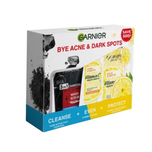 Garnier Bye Acne & Dark Spots Skin Care Kit: 3 In 1 Charcoal Cleanser 150ml + Vitamin C Brightening Booster Face Serum + SPF30 UV Protective Sunscreen 50ml