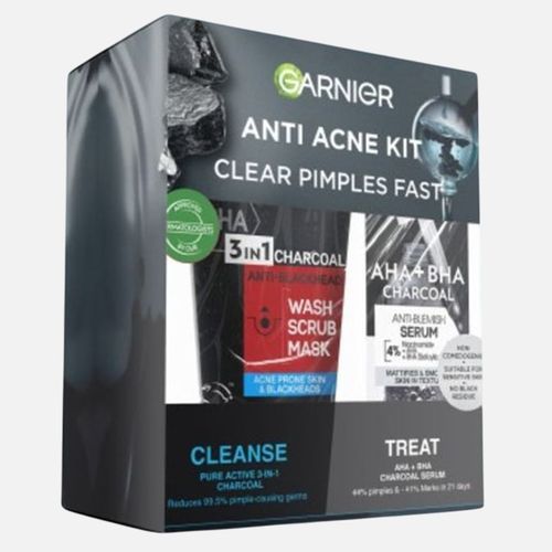 Garnier Anti Acne Cleanser & Treatment Kit: Garnier AHA+BHA Charcoal Serum 30ml + Pure Active 3-in-1 Charcoal Mask. Wash, Scrub 150ml