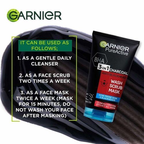 Garnier Pure Active 3-in-1 Anti Blackhead, Wash, Scrub, Mask, With BHA (Salycilic Acid) and Charcoal for Acne Prone Skin and Blackeads, 150ml