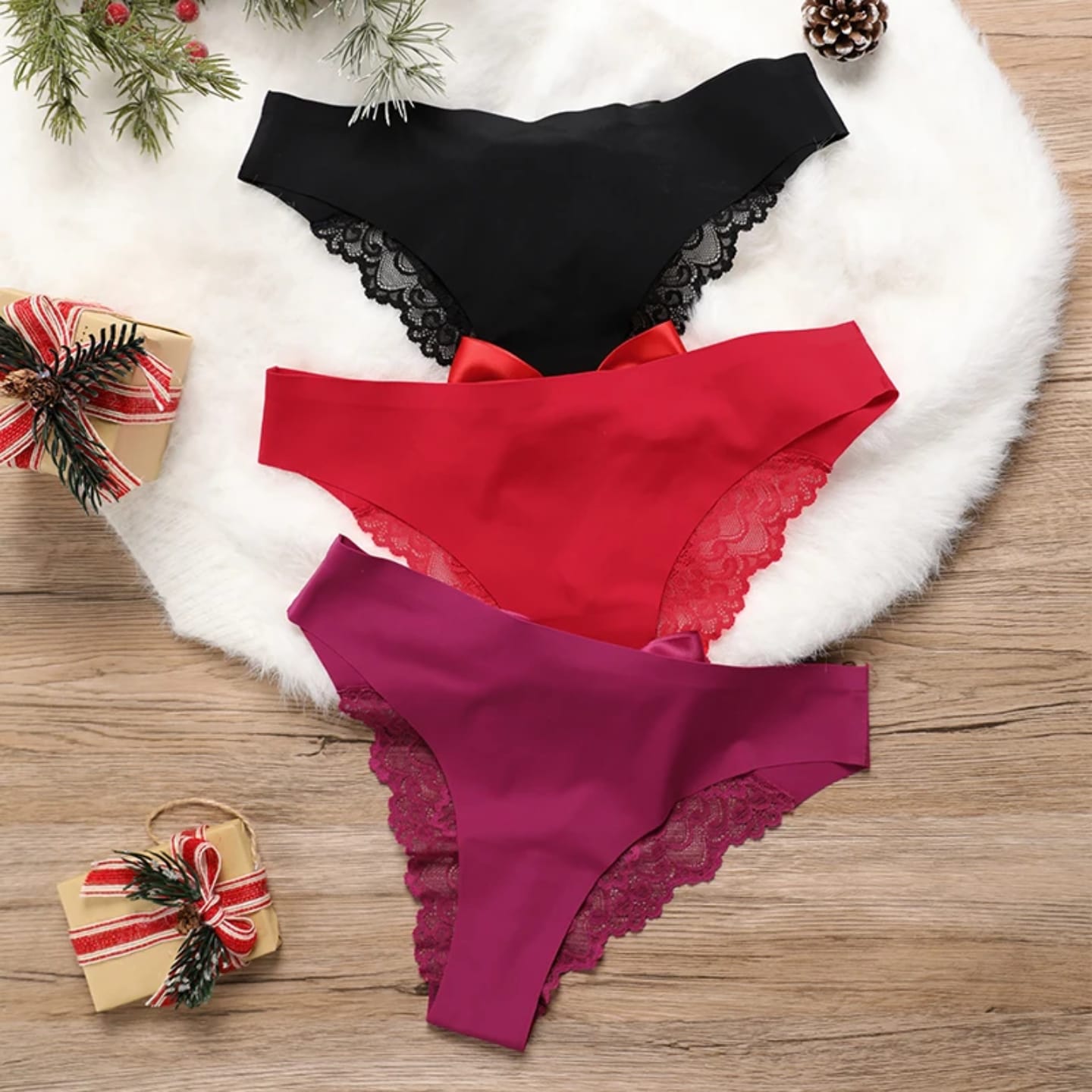 4 pieces Women’s Lace Thong Panty with Satin Bow – Elegant Lingerie