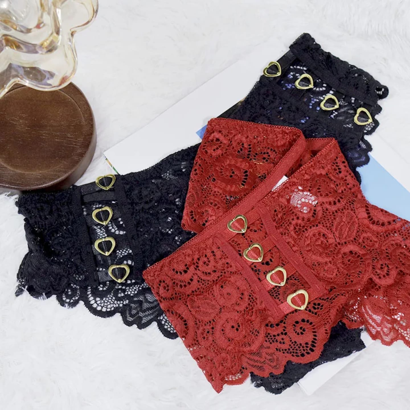 3 pieces Women’s Lace Brief Panty with Heart Ring Detail – Elegant Stretch Lingerie