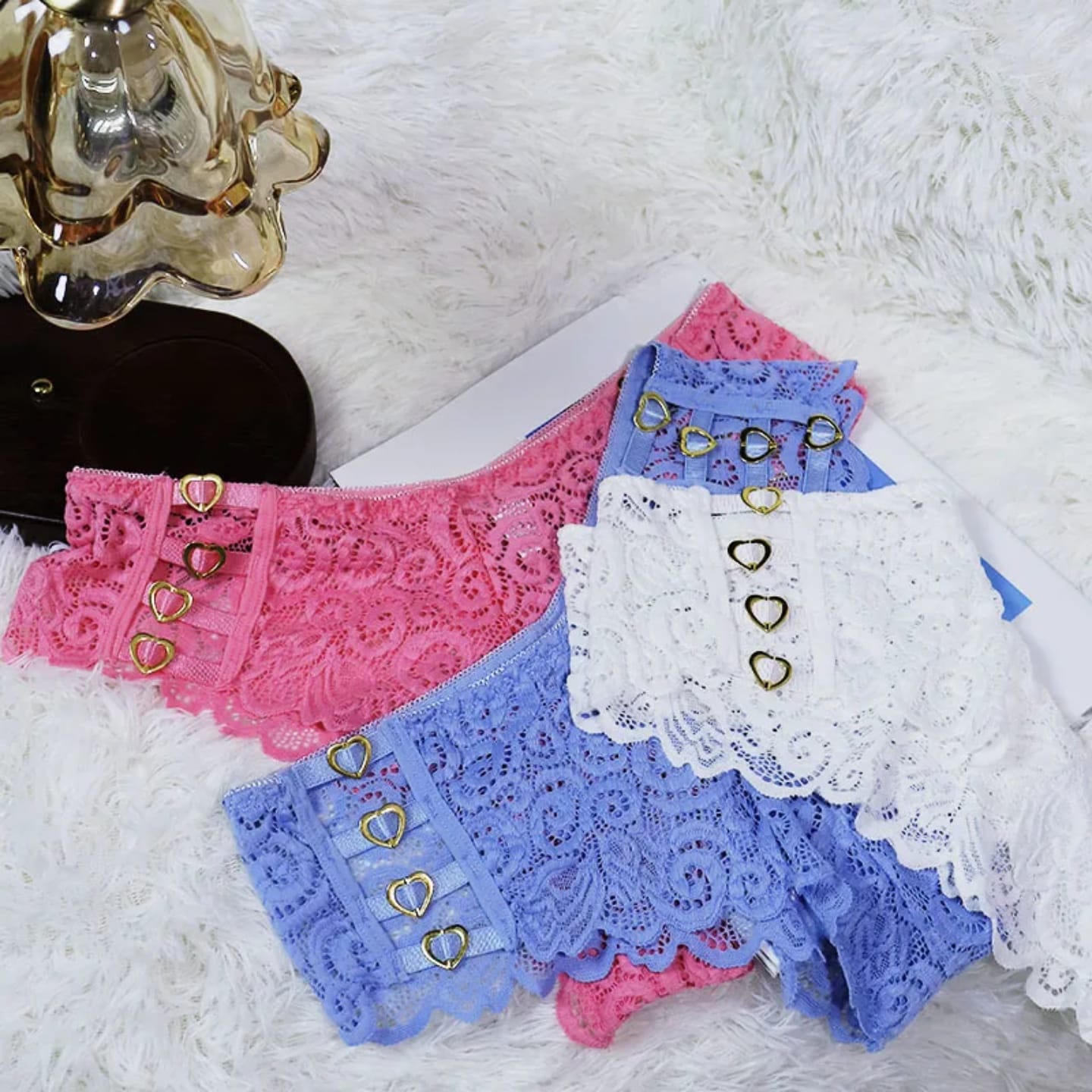 3 pieces Women’s Lace Brief Panty with Heart Ring Detail – Elegant Stretch Lingerie