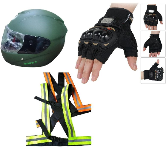 3-in-1 Motorcycle Safety Set: Boda Plus (+) Helmet + Reflector Straps + Half Finger Gloves