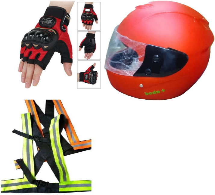 3-in-1 Motorcycle Safety Set: Boda Plus (+) Helmet + Reflector Straps + Half Finger Gloves