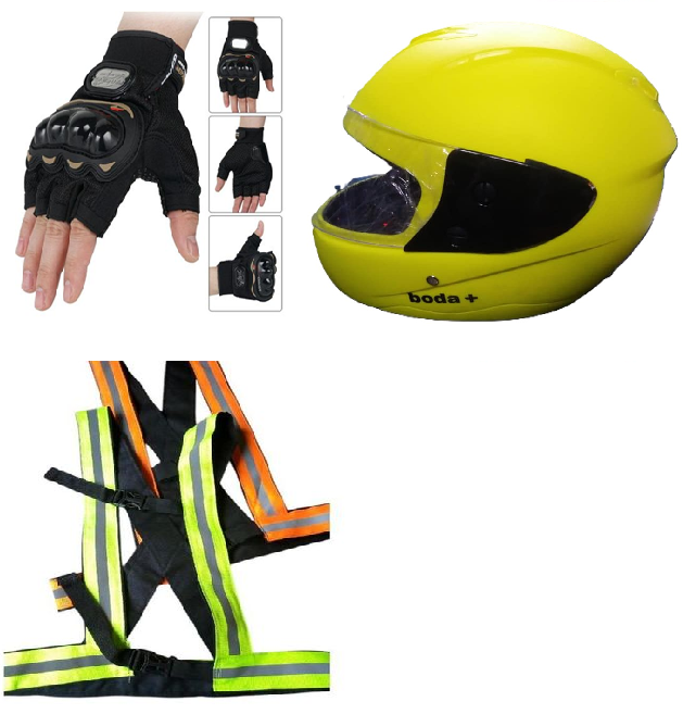 3-in-1 Motorcycle Safety Set: Boda Plus (+) Helmet + Reflector Straps + Half Finger Gloves