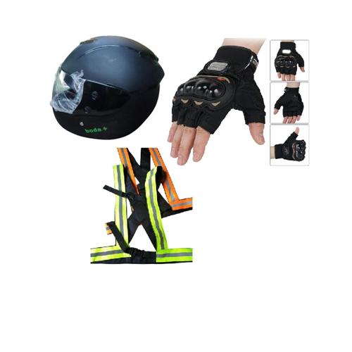 3-in-1 Motorcycle Safety Set: Boda Plus (+) Helmet + Reflector Straps + Half Finger Gloves