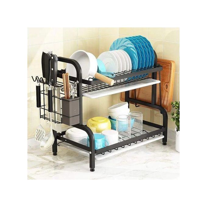 2 Tier High Quality Carbon Steel Dish Rack with a Side-Mounted Cutlery Holder