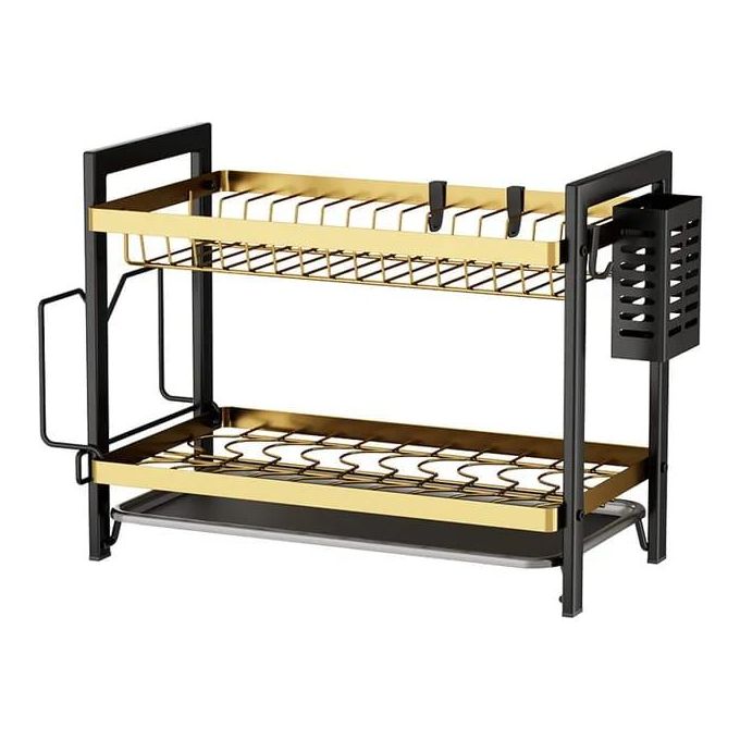 PRICE DROP!!  2 Tier High Quality Black & Gold Dish Rack with a Side-Mounted Cutlery Holder