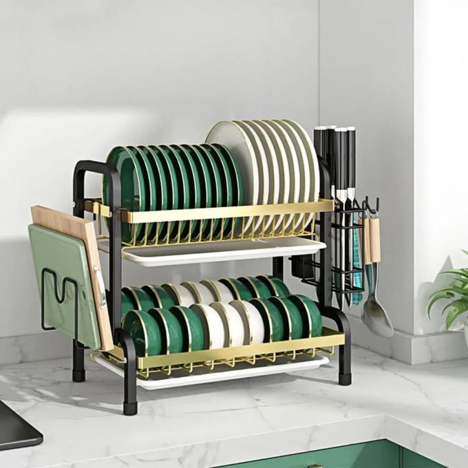 PRICE DROP!!  2 Tier High Quality Black & Gold Dish Rack with a Side-Mounted Cutlery Holder