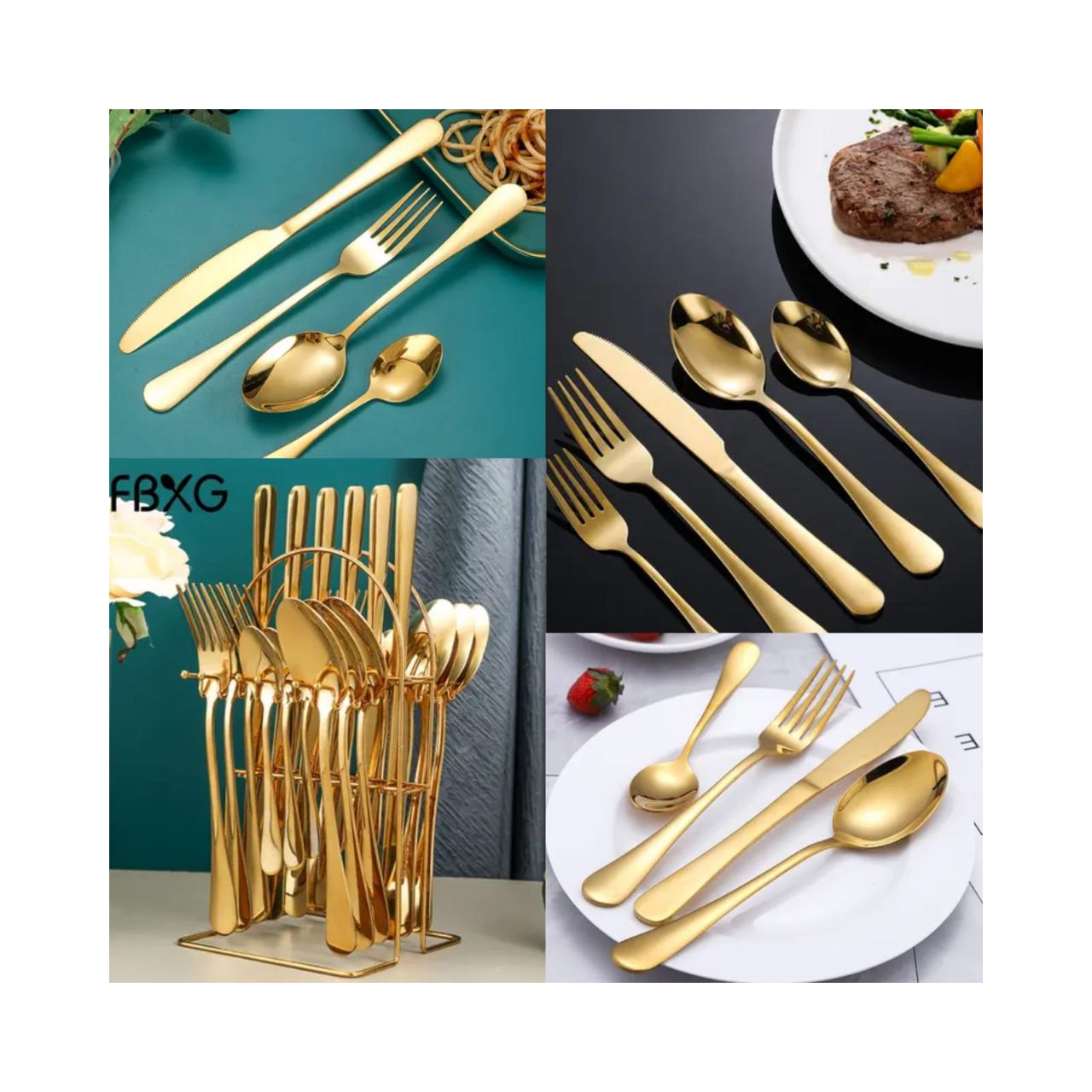 24pcs Gold Cutlery Set. :6 x Dinner Knives, 6 x Dinner Forks, 6 x Tablespoons, 6 x Teaspoons. Order Now! Upgrade your dining table with this premium and elegant cutlery set.