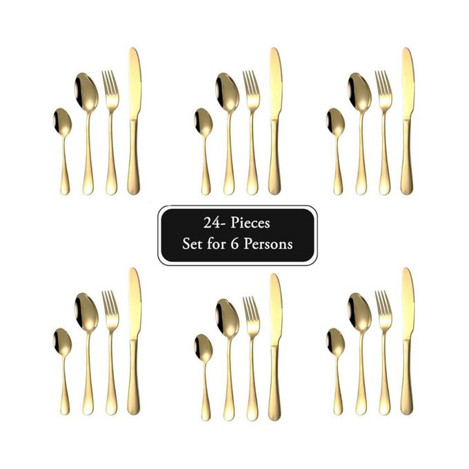24pcs Gold Cutlery Set. :6 x Dinner Knives, 6 x Dinner Forks, 6 x Tablespoons, 6 x Teaspoons. Order Now! Upgrade your dining table with this premium and elegant cutlery set.
