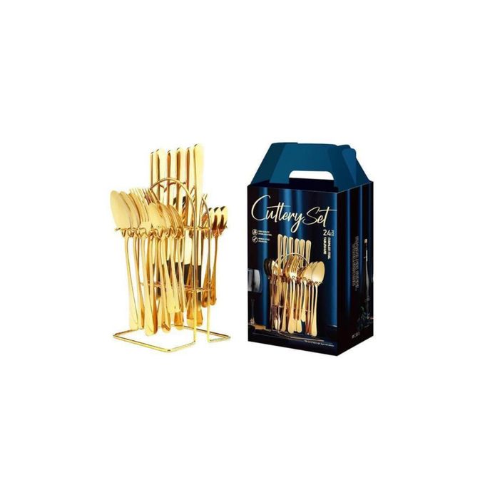 24pcs Gold Cutlery Set. :6 x Dinner Knives, 6 x Dinner Forks, 6 x Tablespoons, 6 x Teaspoons. Order Now! Upgrade your dining table with this premium and elegant cutlery set.