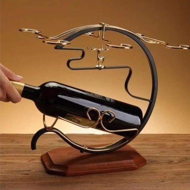 Golden Deer Wine Set Rack - 1 Bottle Slot, 6 Wine Glass Slots