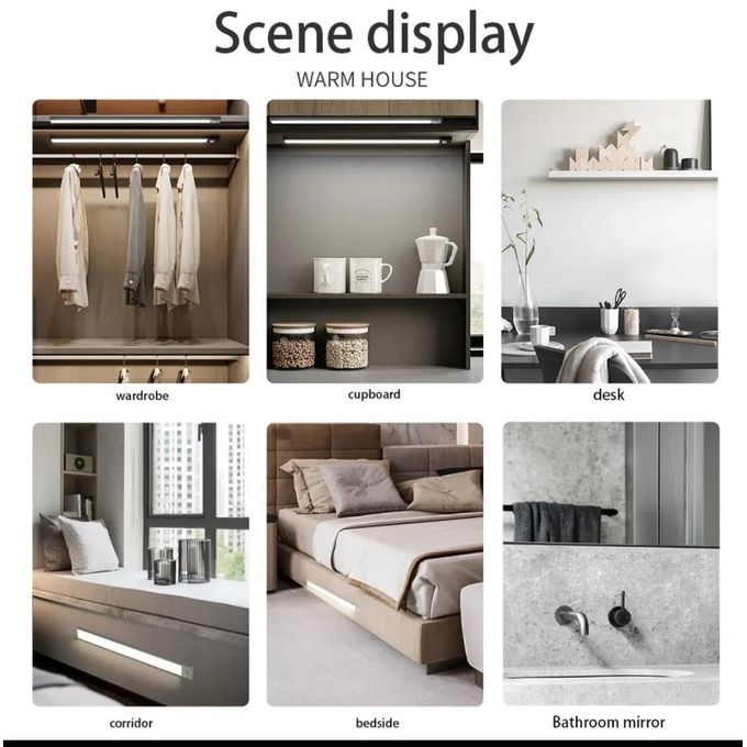 Magnetic Night Light Smart Motion Sensor Rechargeable LED Closet Lamp Wireless Under Cabinet Light Stick Touch Control Portable Bedroom Wardrobe Kitchen Stairway Lighting Energy Saving