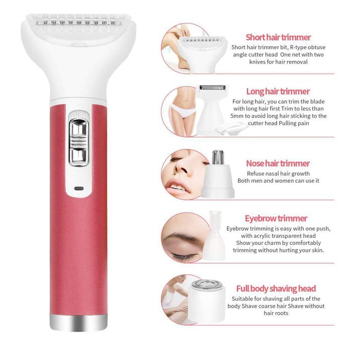 Hair Remover for Women,Painless 5 in 1 Electric Shaver USB Rechargeable,Eyebrow Nose Trimmer,Body Waterproof Bikini Facial Hair Removal for Women 5 In 1 Hair/Beard/Eyebrows/nose/Body Shaver Trimmer