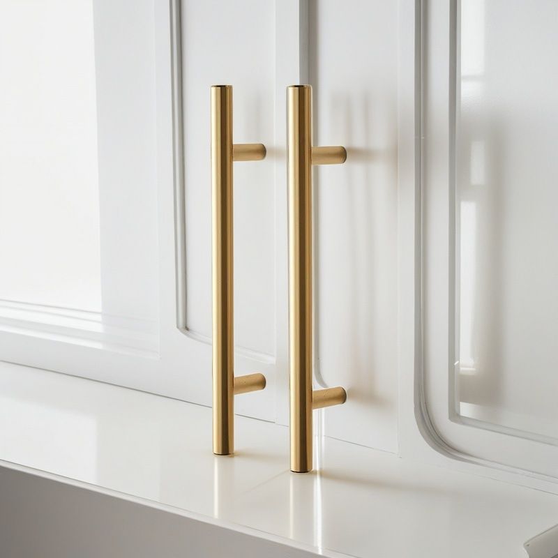 A pair of T-shaped stainless steel handles for cabinet doors and drawers, with a handle diameter of 10mm, a hole spacing of 128mm, and a length of 200mm (nails included as a gift)