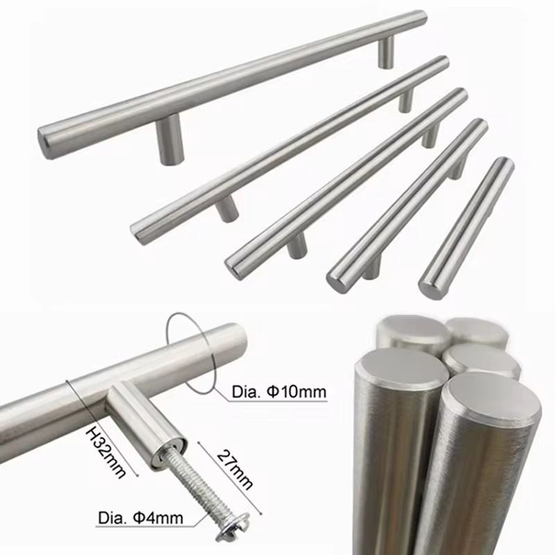 A pair of T-shaped stainless steel handles for cabinet doors and drawers, with a handle diameter of 10mm, a hole spacing of 128mm, and a length of 200mm (nails included as a gift)