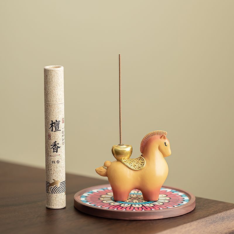 Lucky "Horse for Wealth" Ceramic Incense Insert Set with Bohemian - Style Tray & Complimentary Sandalwood for African Buyers