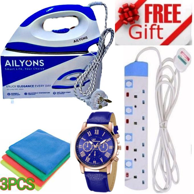 AILYONS Electric Dry Iron Box for Clothes // User-Friendly 1000W Electric Dry Iron Box // IronBox for Smooth Ironing +BONUS LUXURIOUS WATCH, 3 Table Towels & 4-WAY POWER Extension with Safety SWITCHES