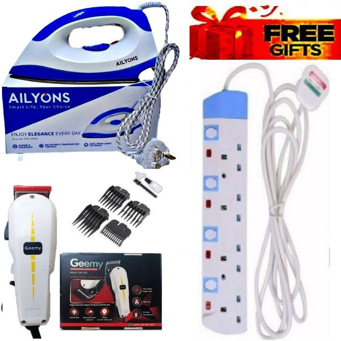 Ailyons User-Friendly 1000W Electric Dry Iron Box // Lightweight 1000W Dry Electric Iron, Efficient Home Iron Box + EXTRA BONUS 4-WAY POWER EXTENSION CABLE SOCKET, ELECTRIC SHAVING MACHINE
