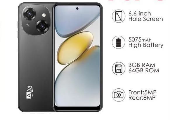 ATEL POP 9 64GB ROM+3GB RAM STORAGE LONG LASTING  BATTERY  5075MAH CAMERA FRONT 5MP BACK 8MP SCREEN 6.6 hd display, cheap original SMART PHONE. DUAL SIM