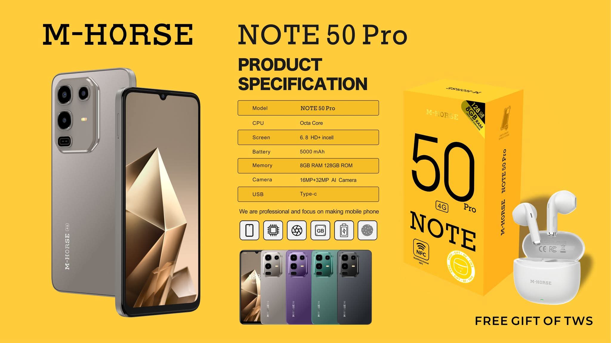 M HORSE NOTE 50 PRO, 8GB RAM + 128 GB ROM, 5000MAH , 6.8''HD WATERDROP SCREEN, 32MP+ 16MP CAMERA, SIDE FINGERPRINT. with earpods