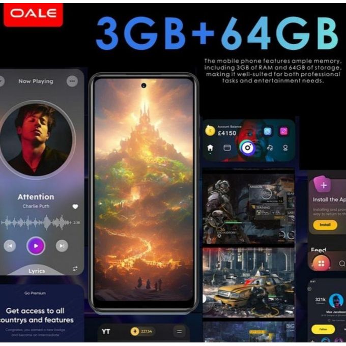 Oale x5 6.6inches,64GB, 3GB RAM,13mp+ 5mp  camera,5075mah,Dual SIM, fingerprint unlock.