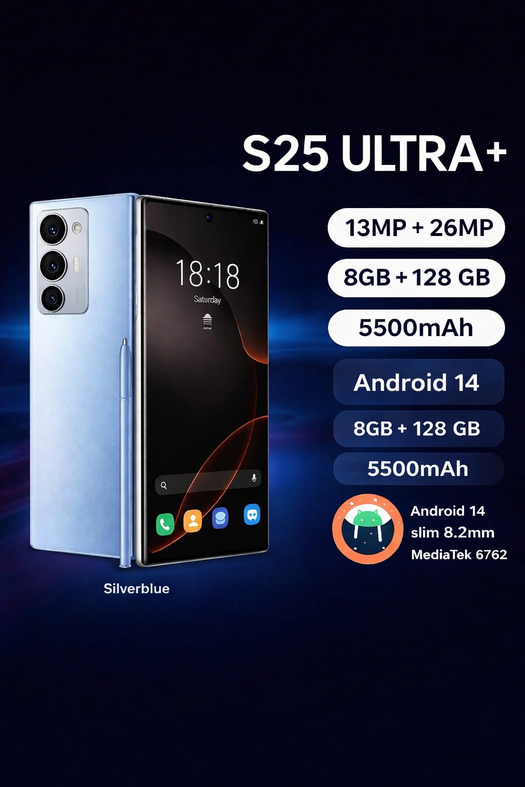 CALUS S25 Ultra + 8GB + 128GB, 13MP+26MP, 5500mAh, DUAL SIM, 6.9 DISPLAY. with touch pen(STYLUS), ANDROID 14, 120Hz REFRESH RATE, MEDIA TEK PROCESSOR , 8.2mm SLIM DESIGN